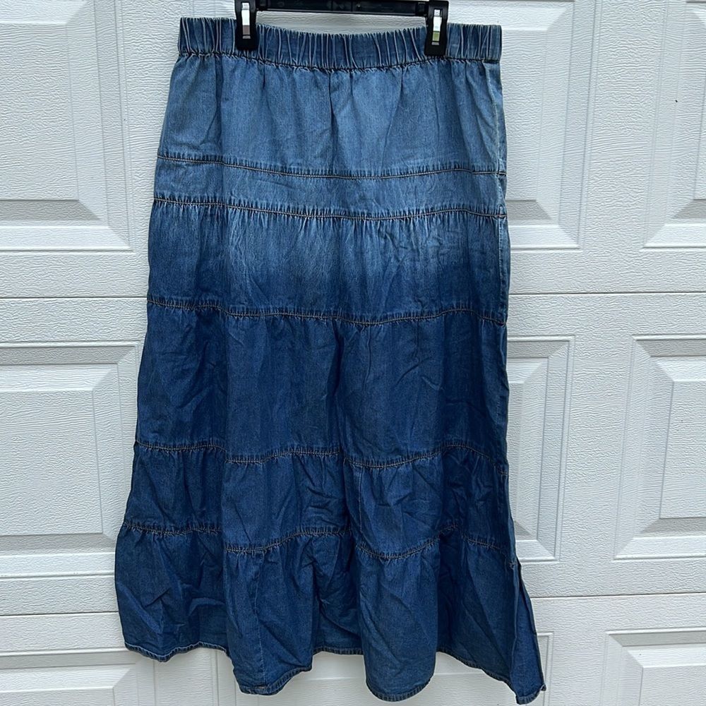 Vintage Studio West Western Ruffle Denim Maxi Skirt